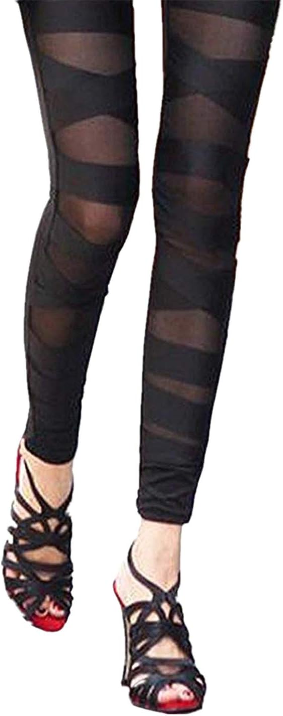 Fioeyr Women Girls Sexy Solid Color Bandage Mesh Leggings Tight Pants Black