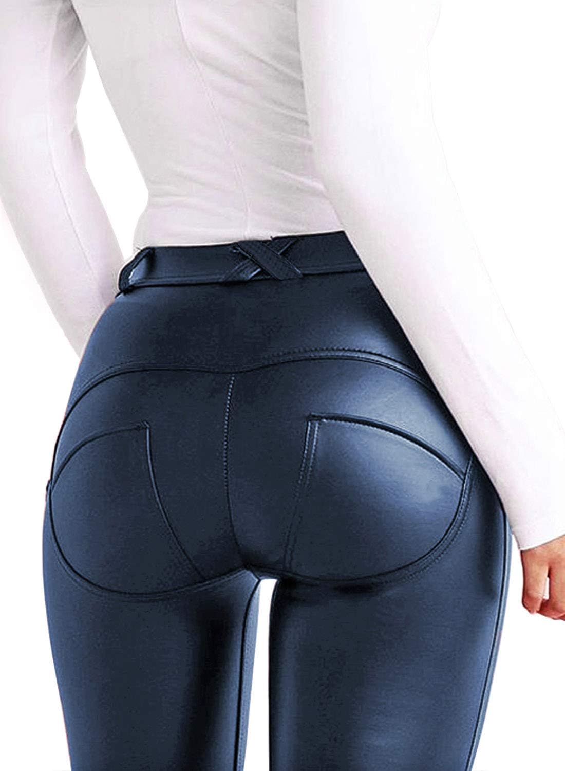 FITTOO Fleece Lined Leather Pants for Women Faux Leather Leggings Butt Lifting Black Sexy High Waisted Wet Look Tights