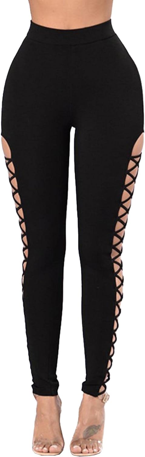 Sexyshine Womens Gothic Black Lace Up Leggings Chic Punk Hollow Out Side Bandage Cross High Waist Tight Pencil Trousers