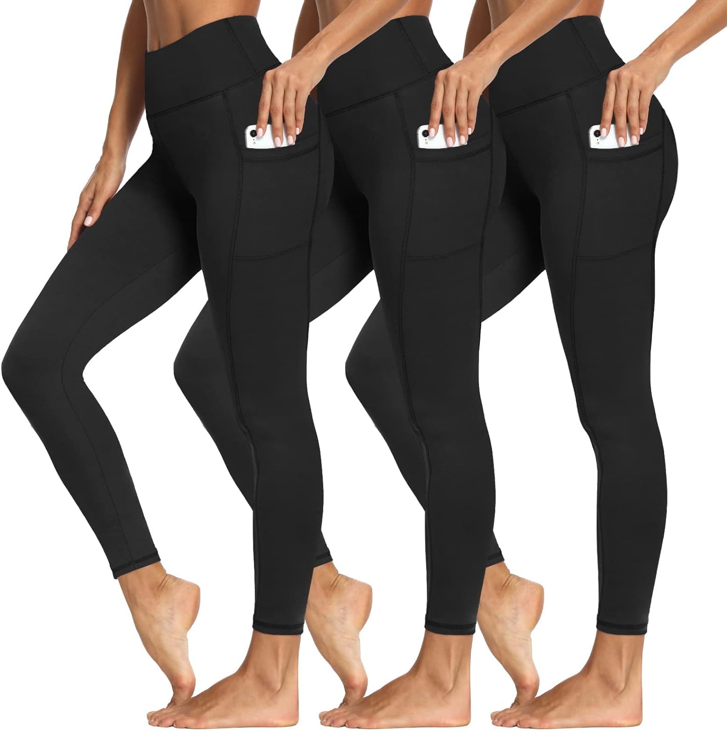 3 Packs Leggings with Pockets for Women, Soft High Waisted Tummy Control Workout Yoga Pants (Reg Plus Size)