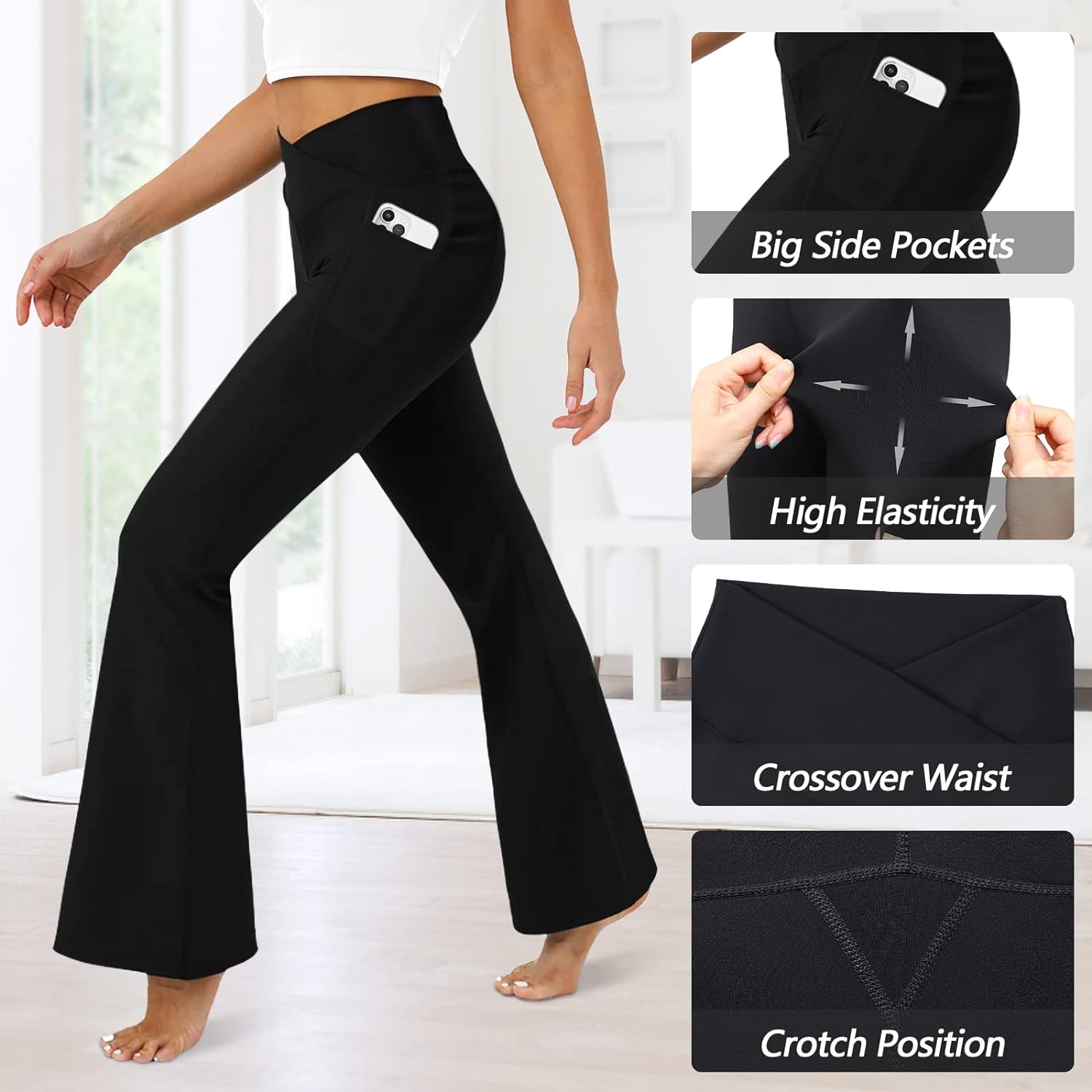 DLOODA Womens Flare Leggings with Pockets-Crossover High Waisted Bootcut Yoga Pants-Tummy Control Bell Bottom Leggings