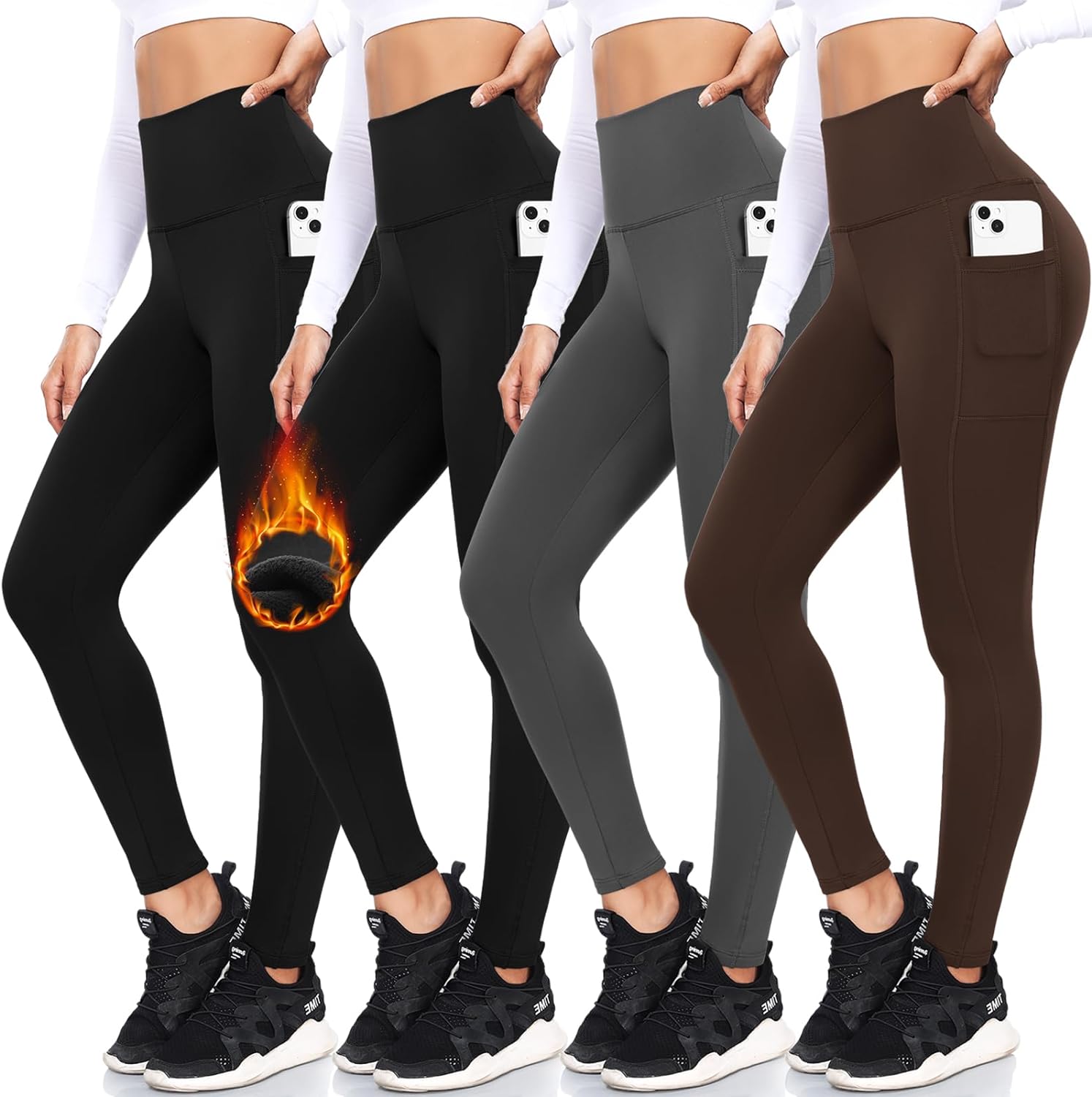 FULLSOFT 4 Pack Fleece Lined Leggings with Pockets for Women High Waisted Thermal Winter Warm Yoga Pants for Workout Running