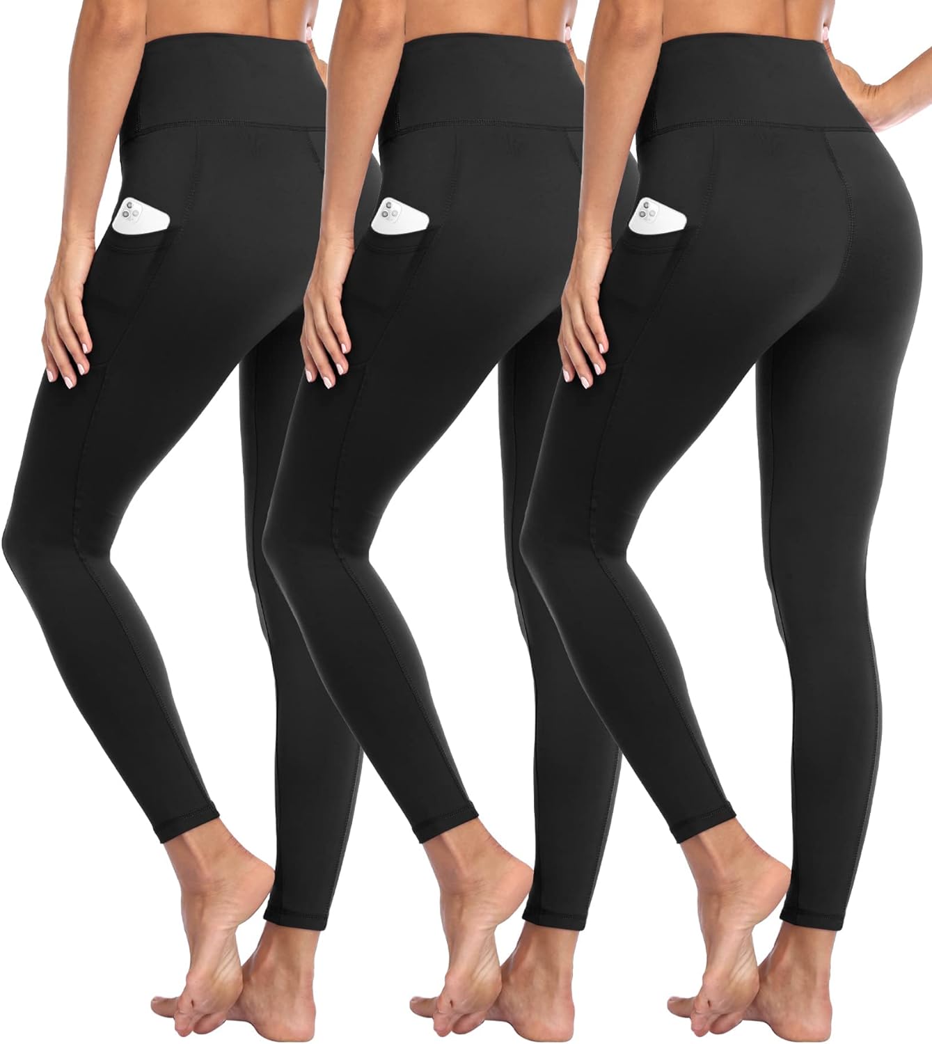 GAYHAY 3 Pack Leggings with Pockets for Women - High Waisted Tummy Control Workout Yoga Pants Compression Black Leggings