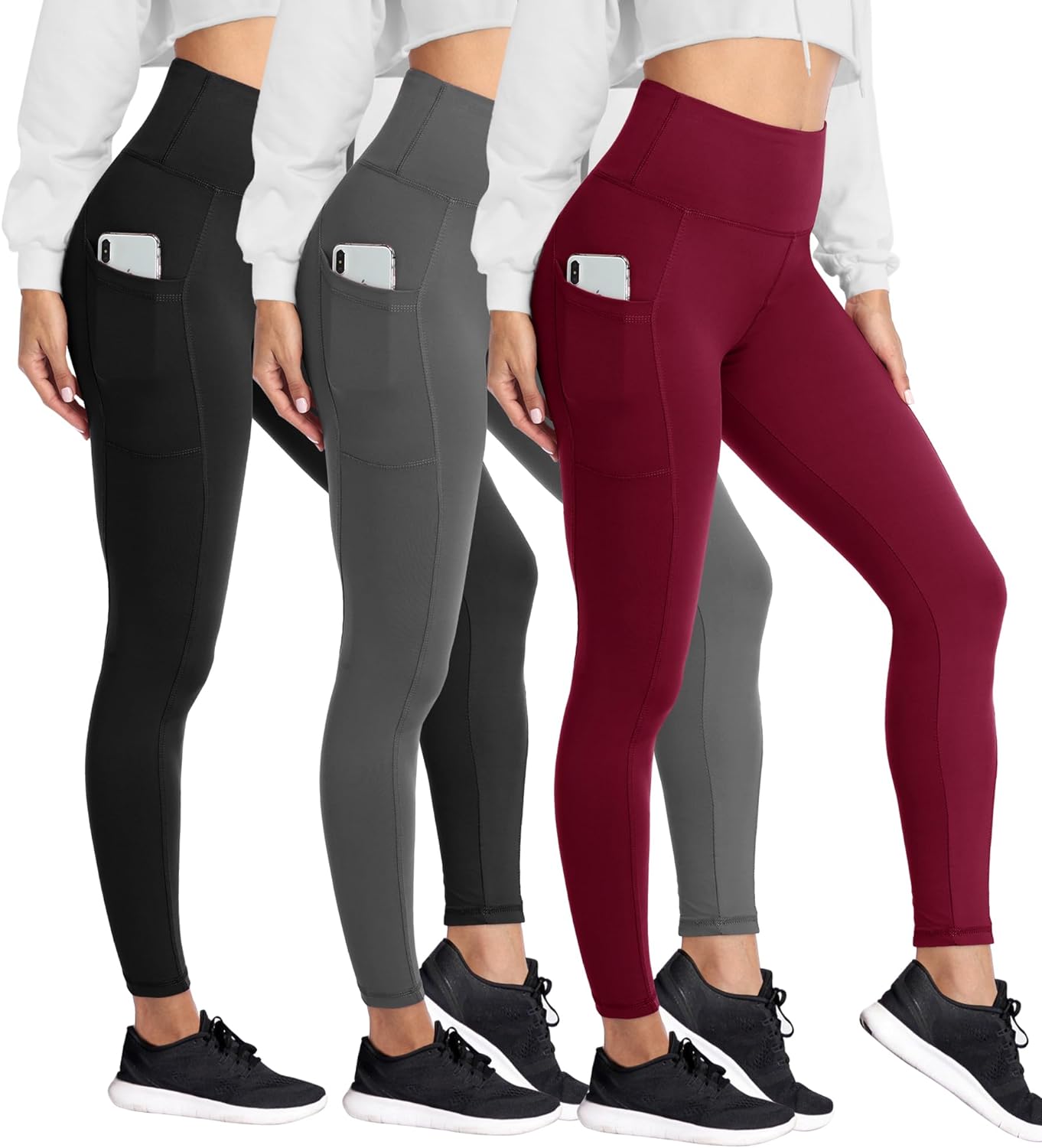 HIGHDAYS 3 Pack Fleece Lined Leggings for Women with Pockets - High Waist Winter Thermal Womens Workout Running Yoga Pants