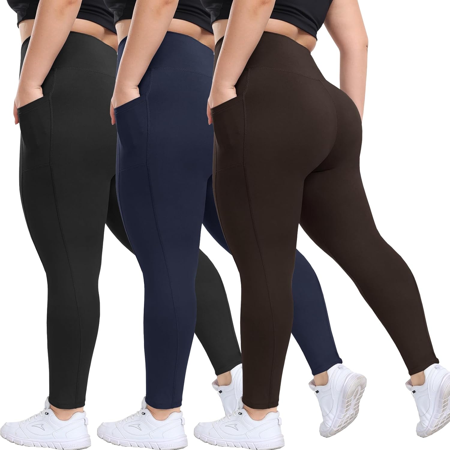 HLTPRO 3 Pack Plus Size Leggings with Pockets for Women - Black High Waisted Tummy Control Soft Yoga Pants for Gym Workout