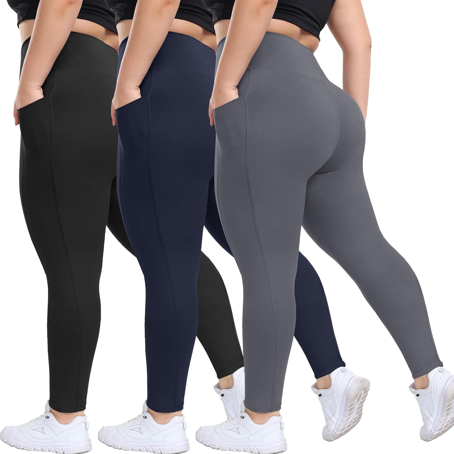HLTPRO 3 Pack Plus Size Leggings with Pockets for Women - Black High Waisted Tummy Control Soft Yoga Pants for Gym Workout