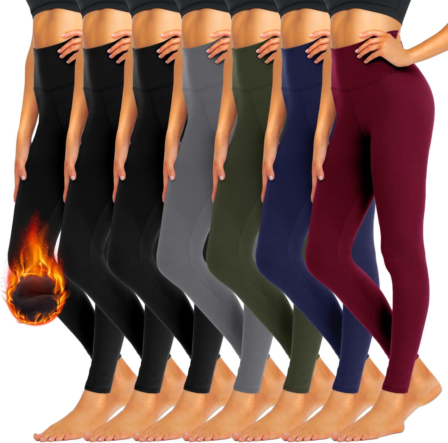iceROSE 7 Pack Leggings for Women, High Waisted Soft Fleece Lined Leggings Black Yoga Pants for Workout Running Maternity