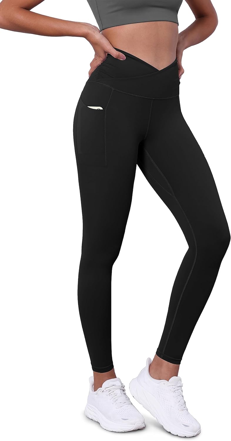 ODODOS Womens Gathered Cross Waist Yoga Leggings with Pockets, 25 / 28 Crossover Workout Yoga Pants