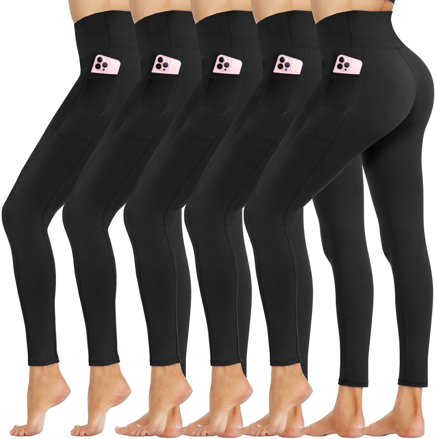 Opuntia 5 Pack Leggings for Women - High Waisted Tummy Control Soft Black Yoga Pants for Workout Athletic Gym Running