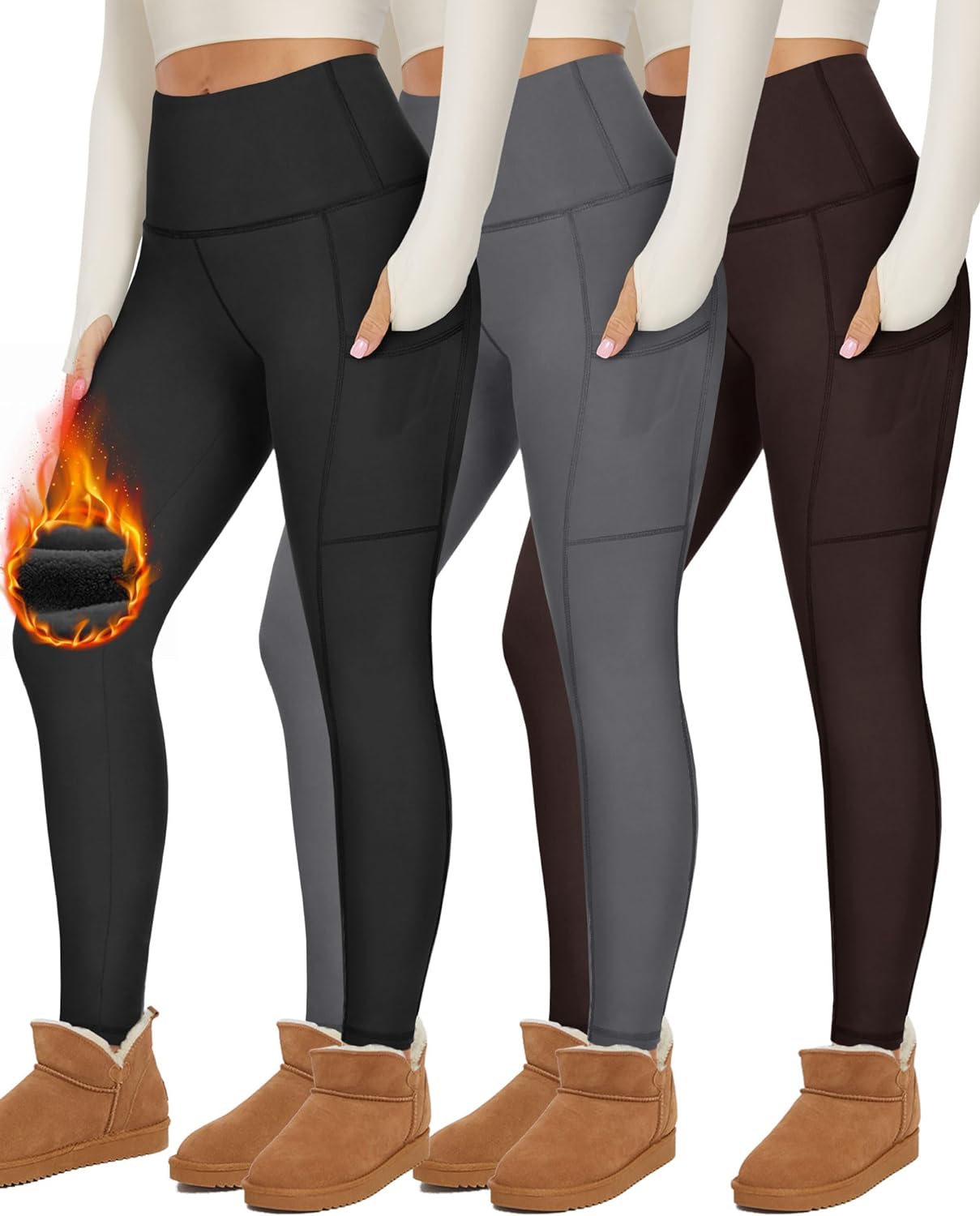 UBCUTE 3 Pack Thick Fleece Lined Leggings with Pockets for Women - High Waist Winter Thermal Warm Yoga Pants for Hiking