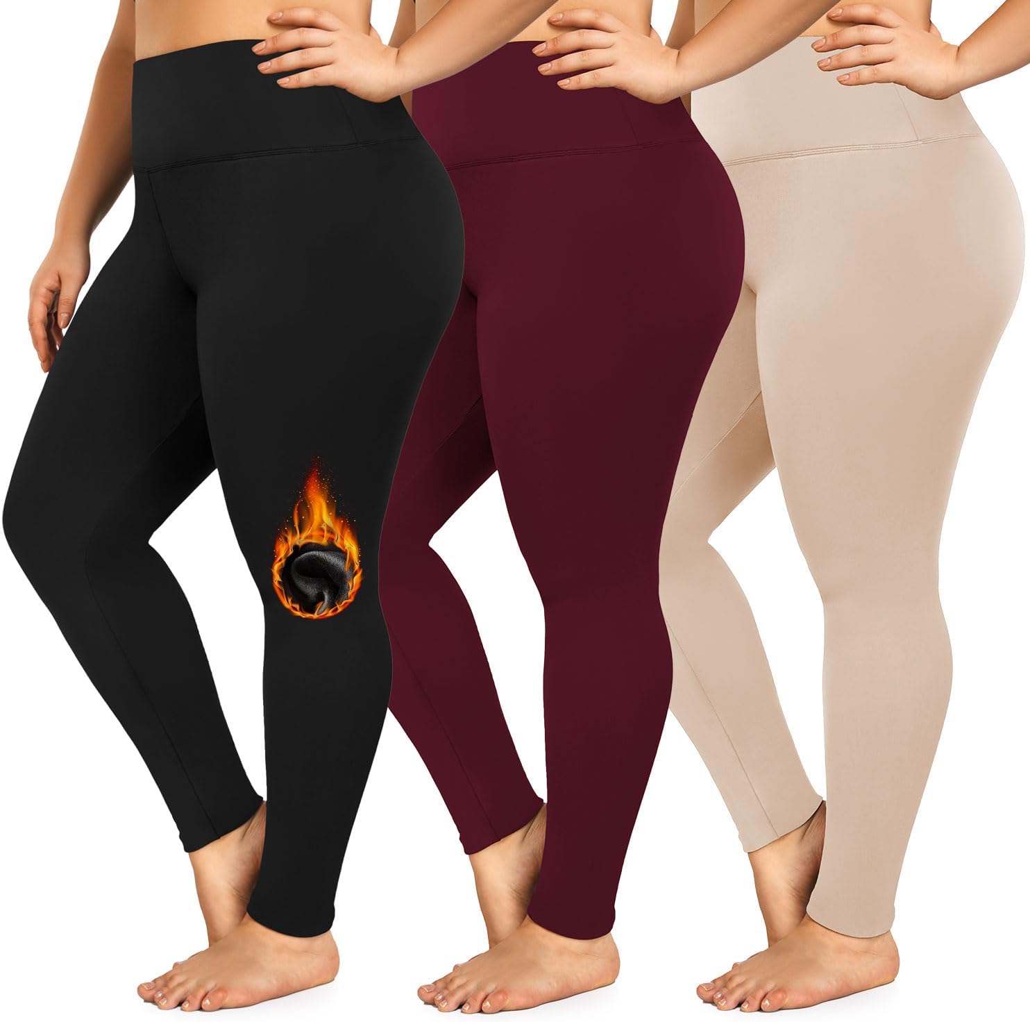 yeuG 3 Pack Womens Plus Size Fleece Lined Leggings-1X-4X High Waist Tummy Control Thermal Warm Winter Workout Yoga Pants