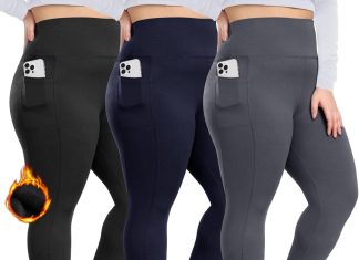 HLTPRO 1/3 Pack Plus Size Fleece Lined Leggings with Pockets for Women – Black Thermal Warm High Waist Yoga Pants for Workout