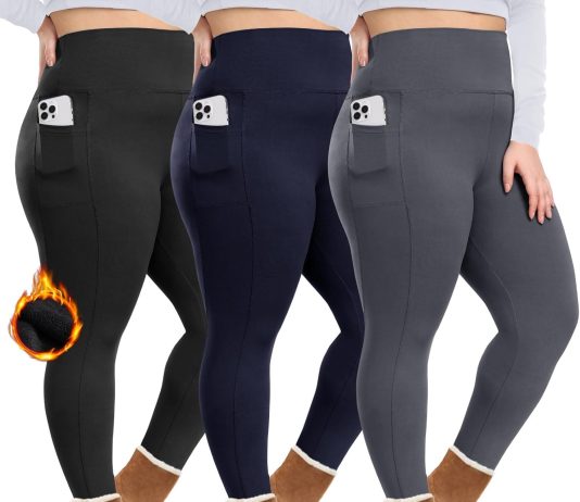 HLTPRO 1/3 Pack Plus Size Fleece Lined Leggings with Pockets for Women – Black Thermal Warm High Waist Yoga Pants for Workout